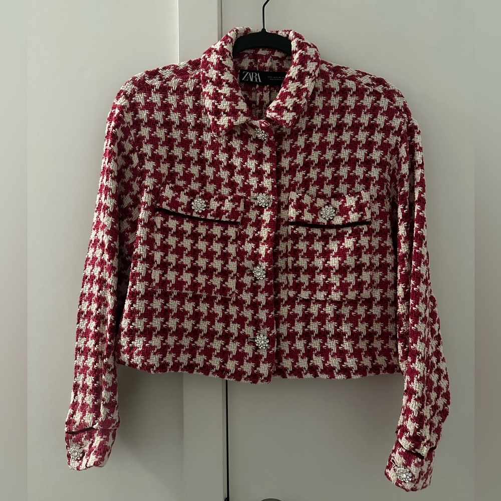 ZARA Pink & White Houndstooth Tweed Jacket